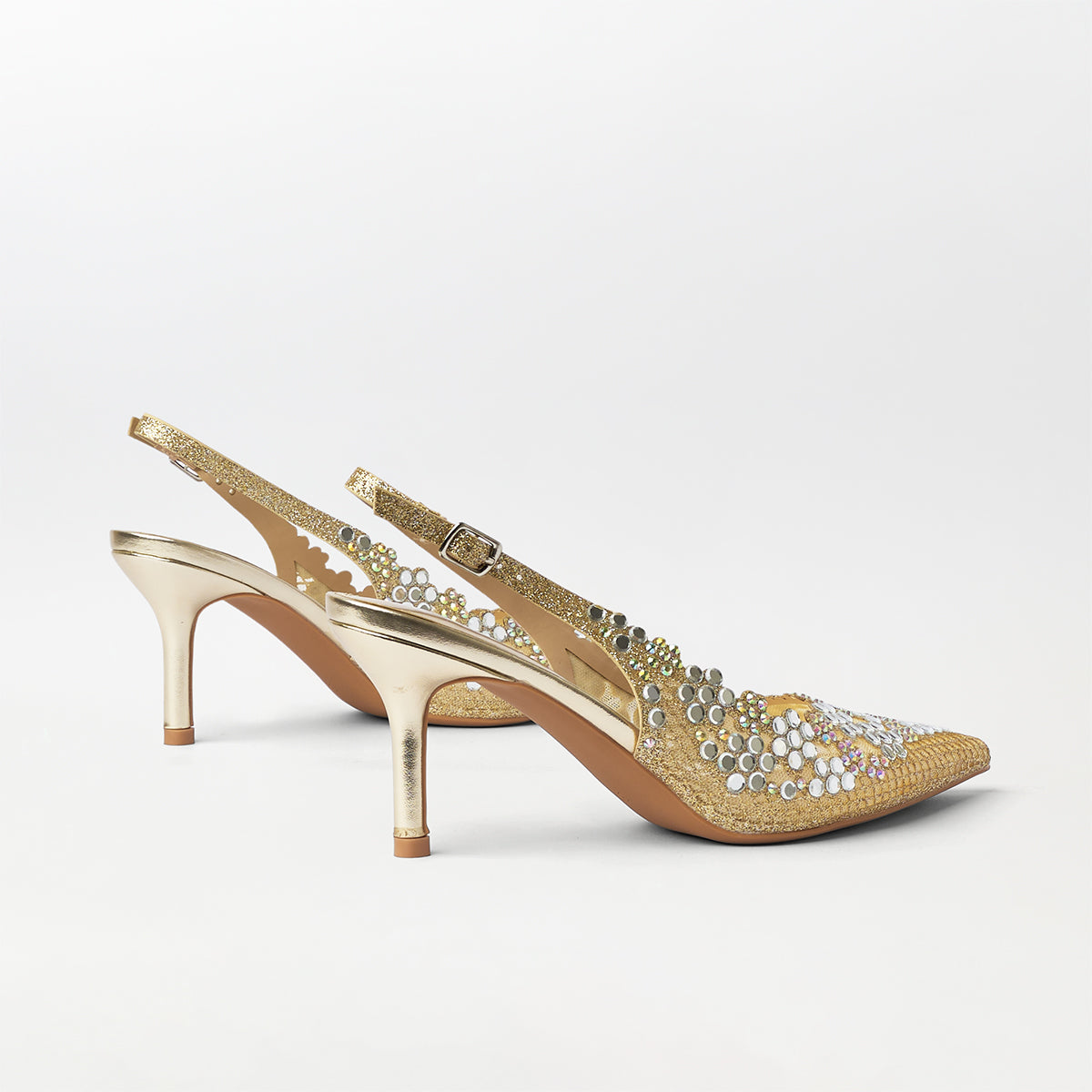 Mirror Embellished Slingback Kitten Heels Gold - (CH272)