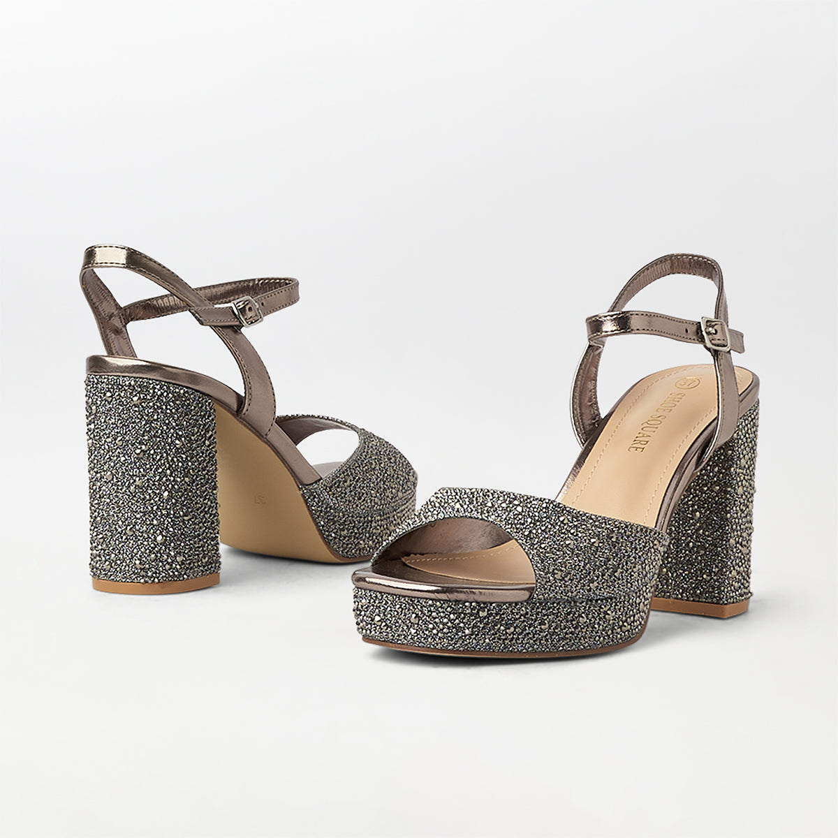 Stones Embellished Block Heel Gray - (CH263)