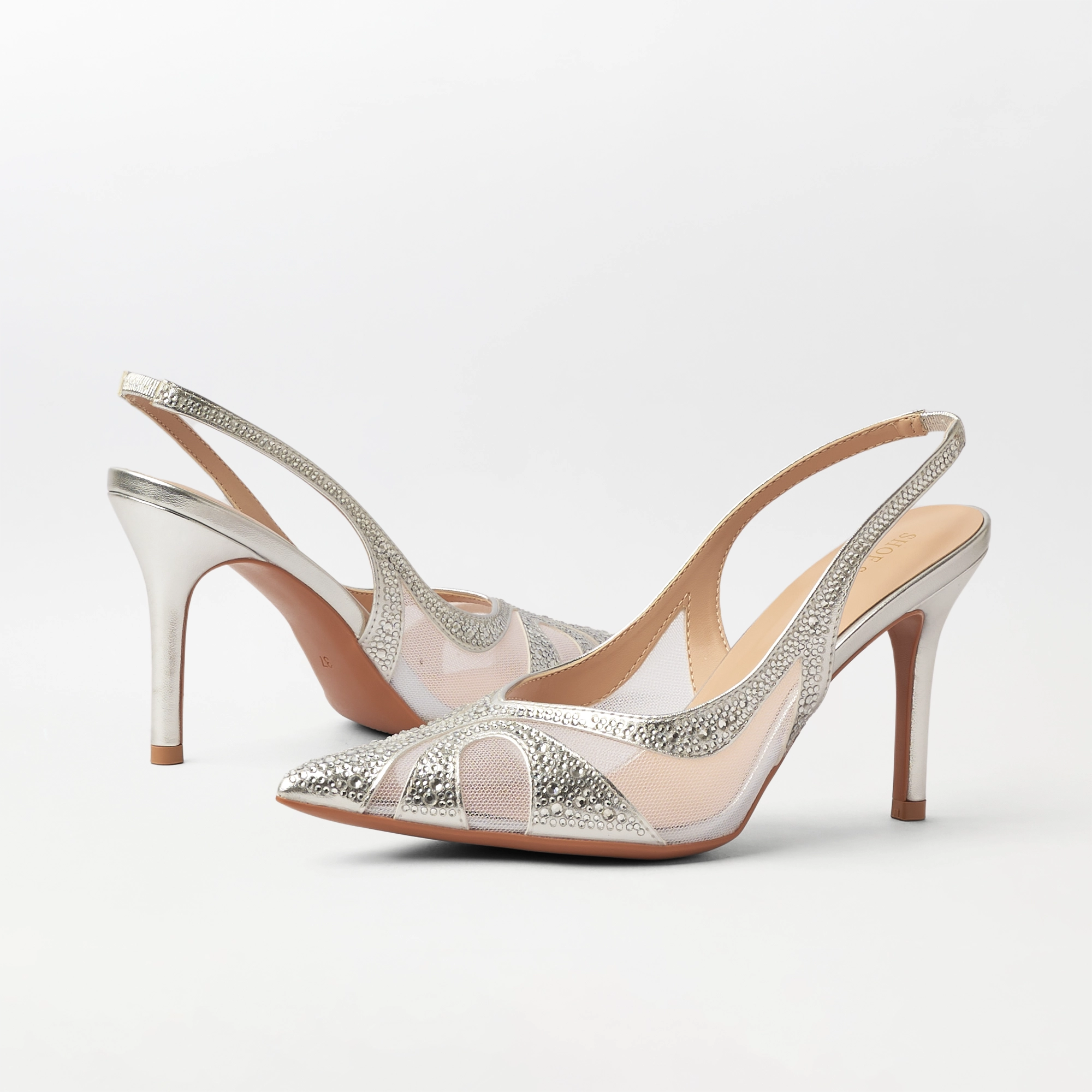 Embellished Mesh Slingback Heel Silver - (CH336)