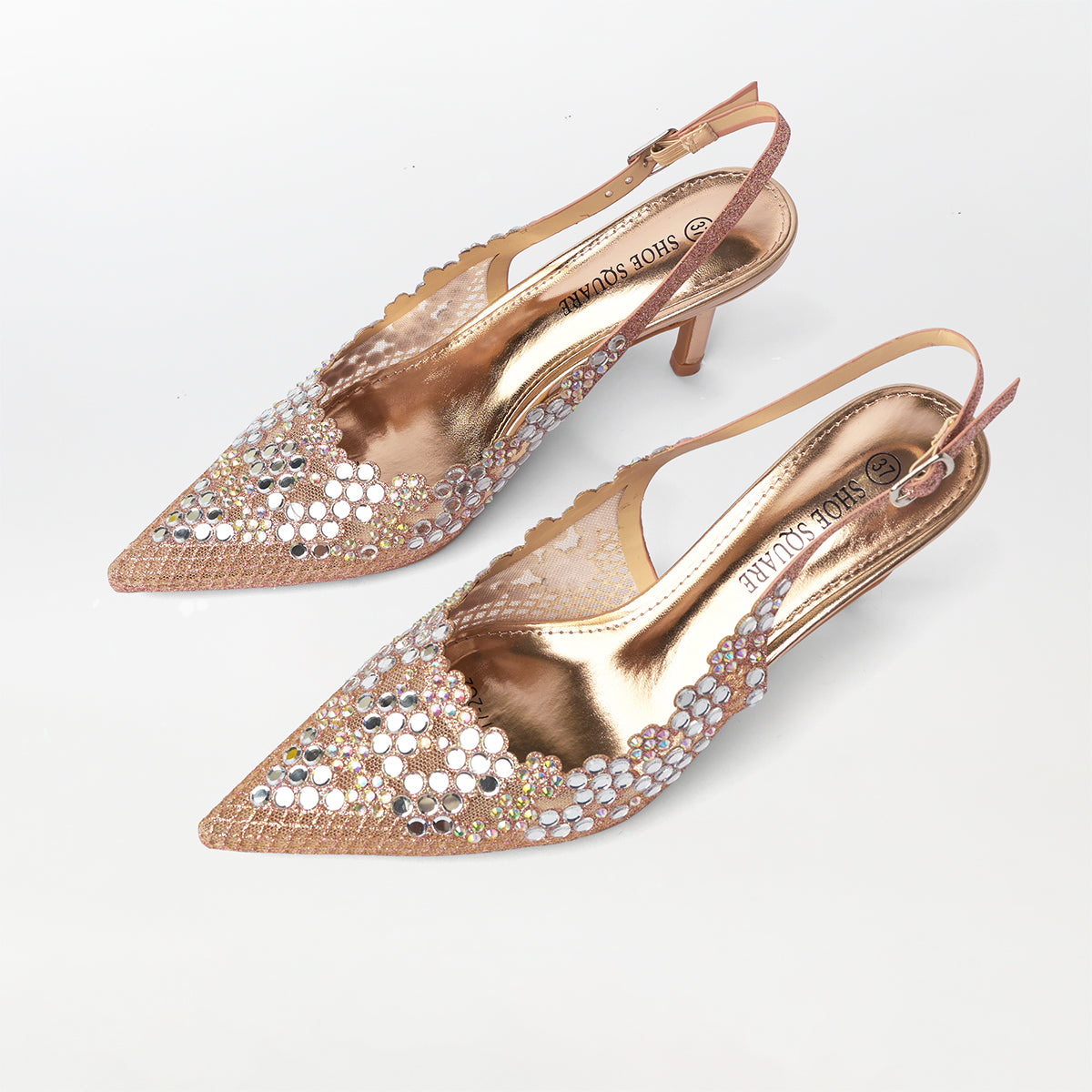 Mirror Embellished Slingback Kitten Heels Champagne - (CH274)
