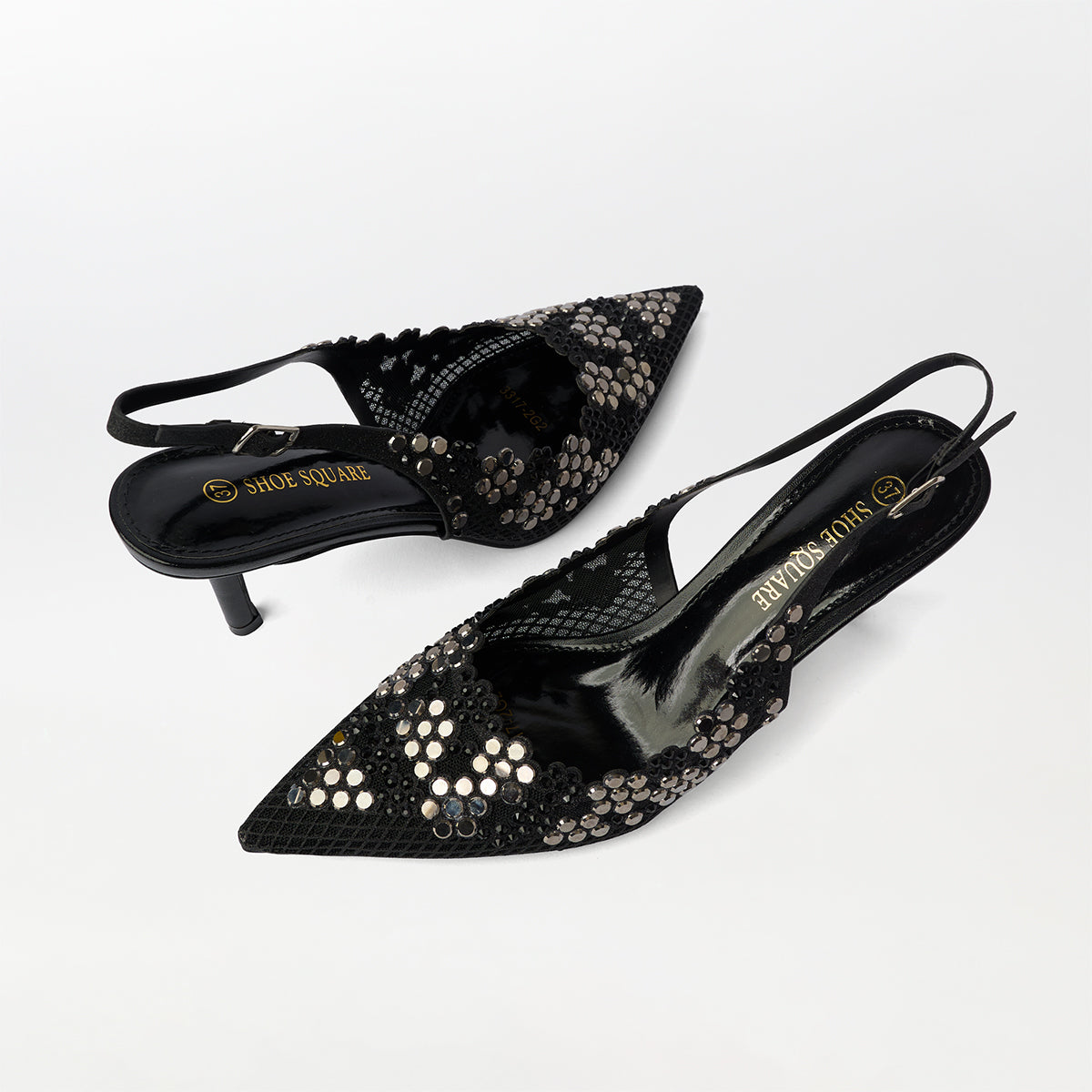 Mirror Embellished Slingback Kitten Heels Black - (CH273)