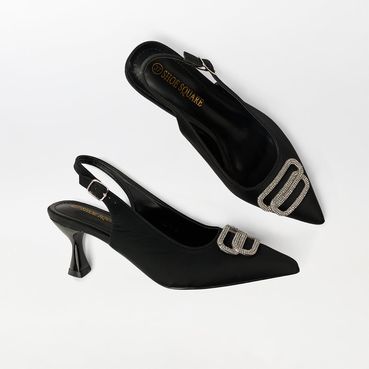 Broach Slingback Kitten Heels Black - (CH252)