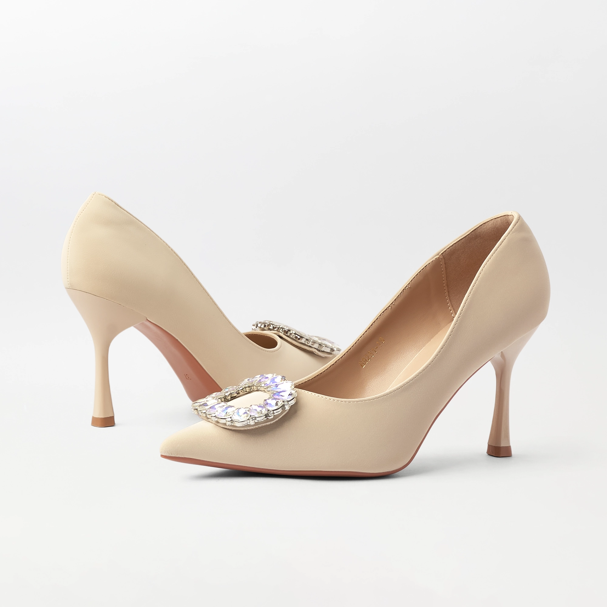 Embellished Court Shoes Heel Beige - (CH329)