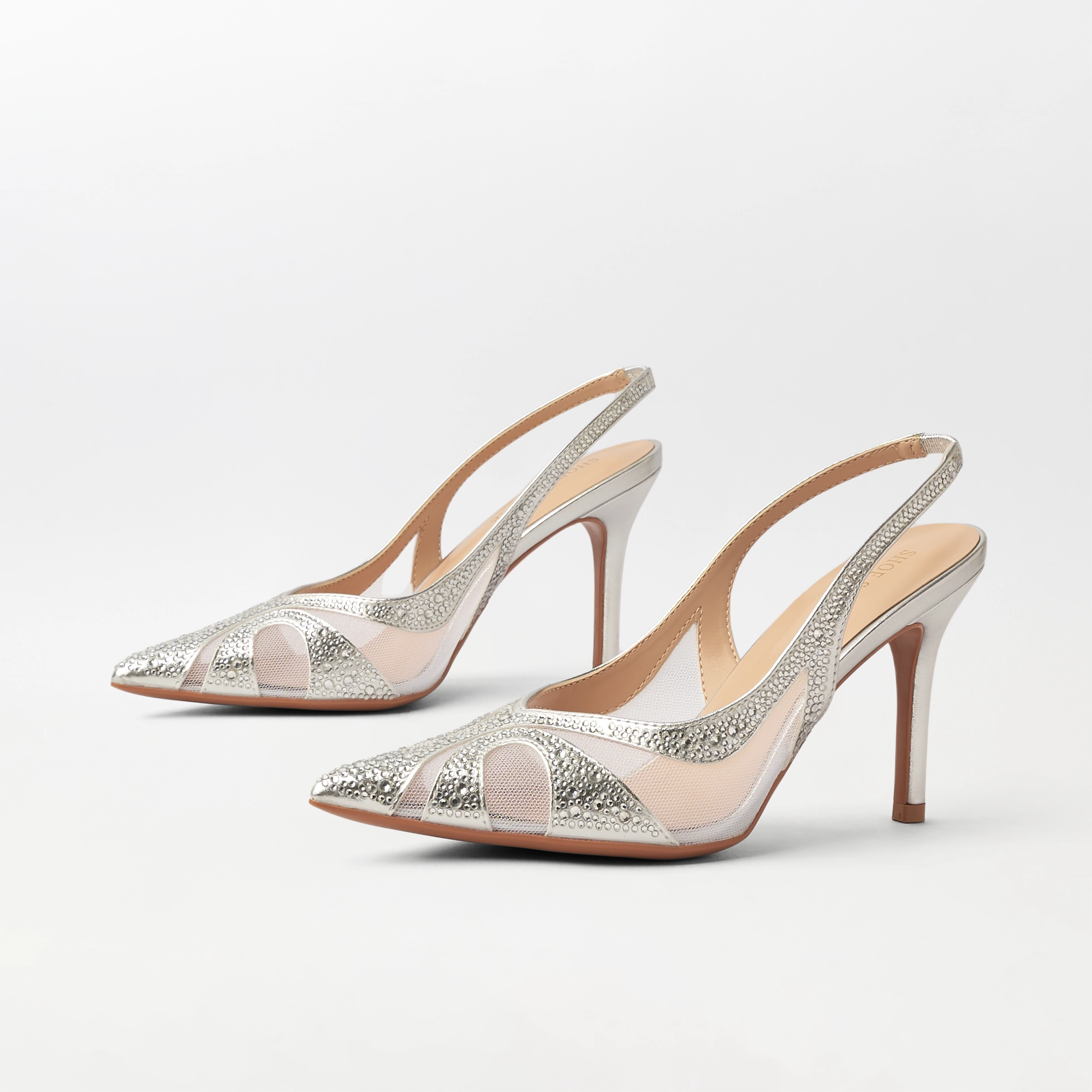 Embellished Mesh Slingback Heel Silver - (CH336)