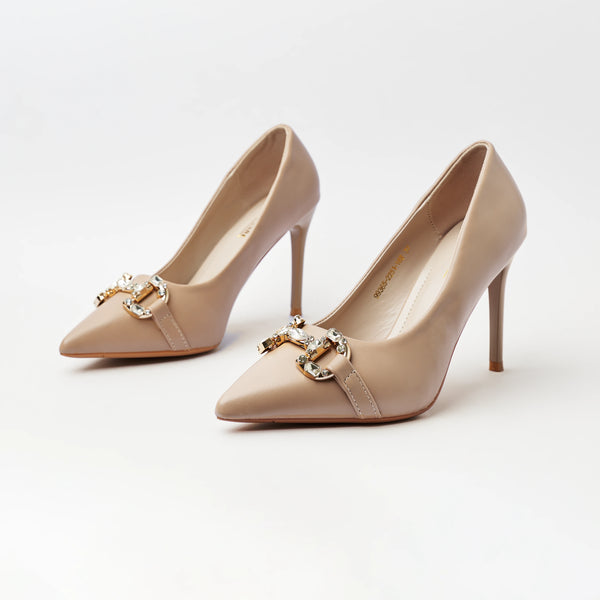 Pointed Toe - Embellished Stiletto High Heel - Court Shoes - Nude (CH88)