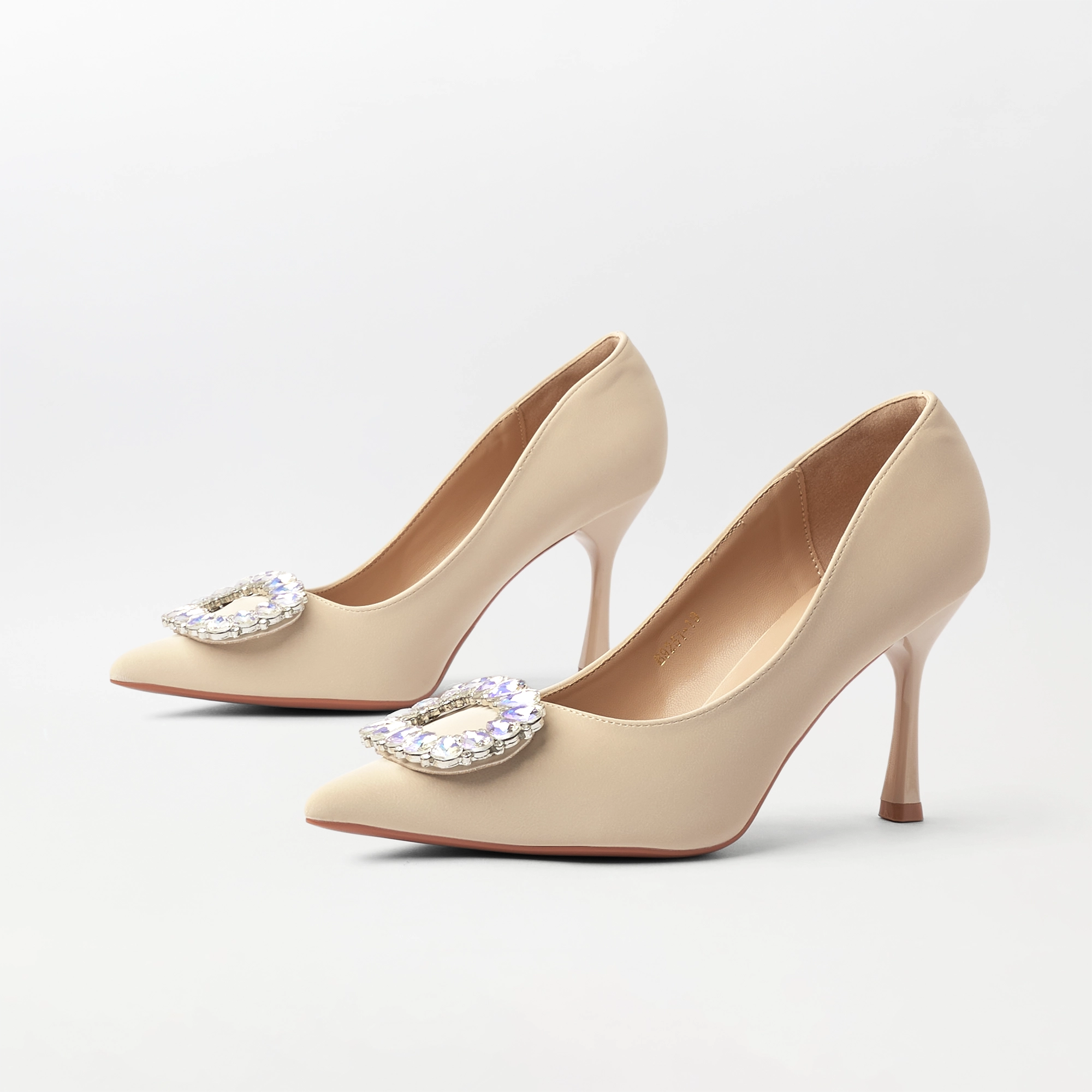 Embellished Court Shoes Heel Beige - (CH329)