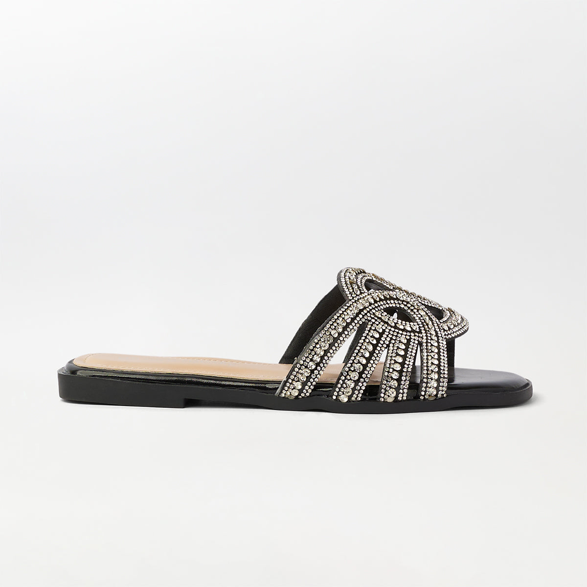 Embellished Cut Work Flat Slippers Black - (FS92)