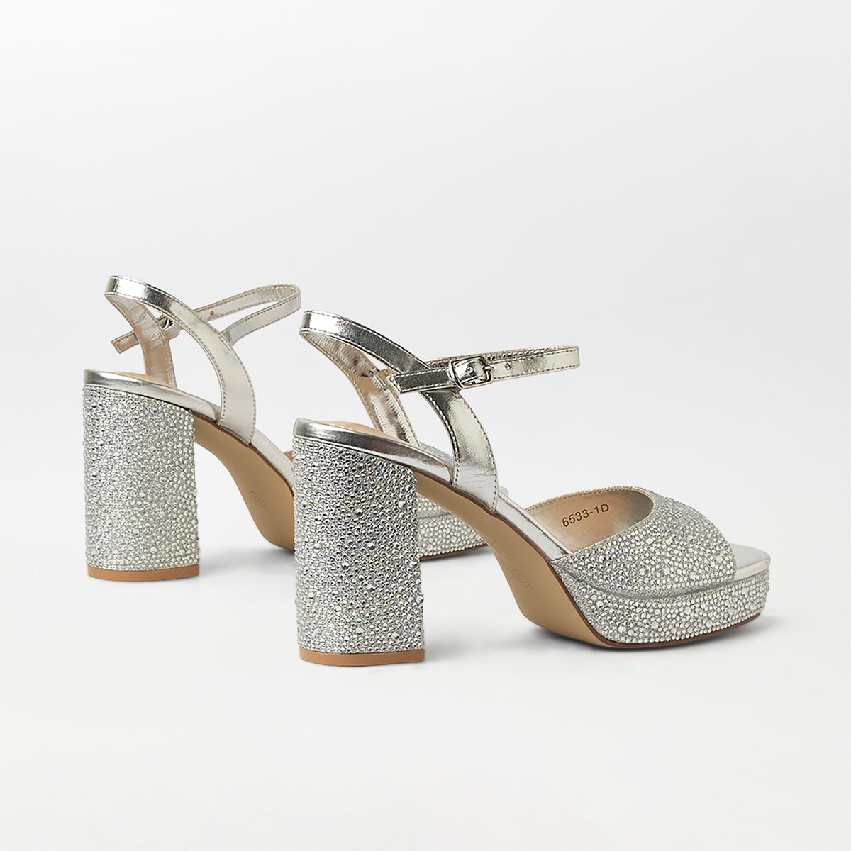 Stones Embellished Block Heel Silver - (CH261)