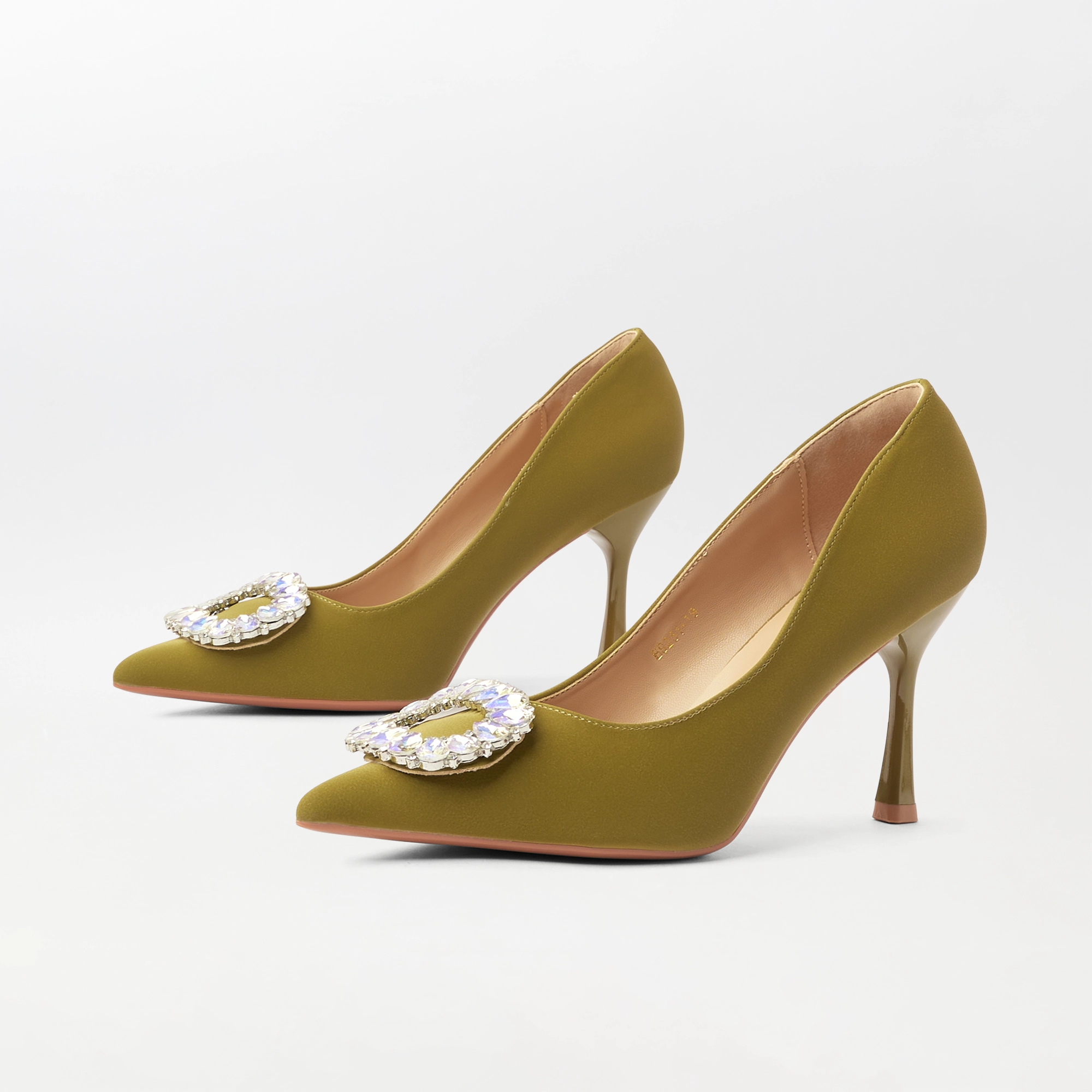 Embellished Court Shoes Heel Olive - (CH330)