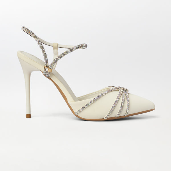 Embellished High Heel White Sandals - (CH282)