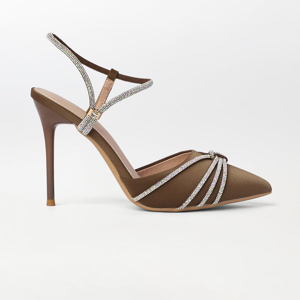 Embellished High Heel Khaki Sandals - (CH280)