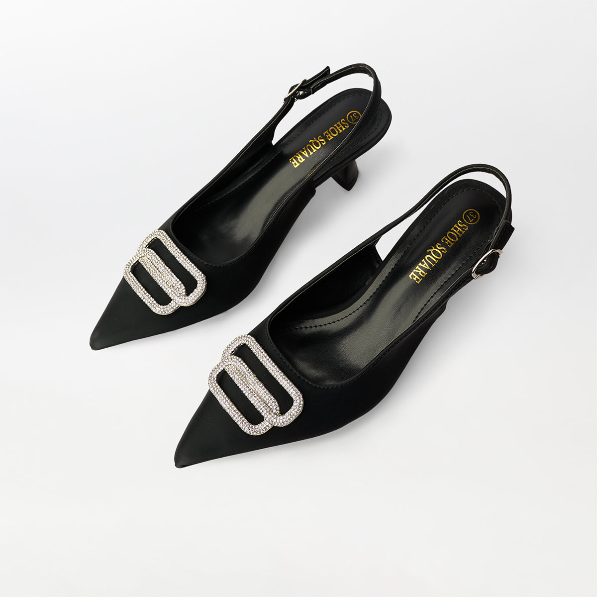 Broach Slingback Kitten Heels Black - (CH252)