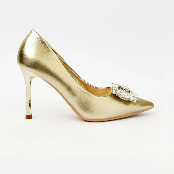 Pointed Toe Stiletto Heels - Court Shoes - Gold (CH82)