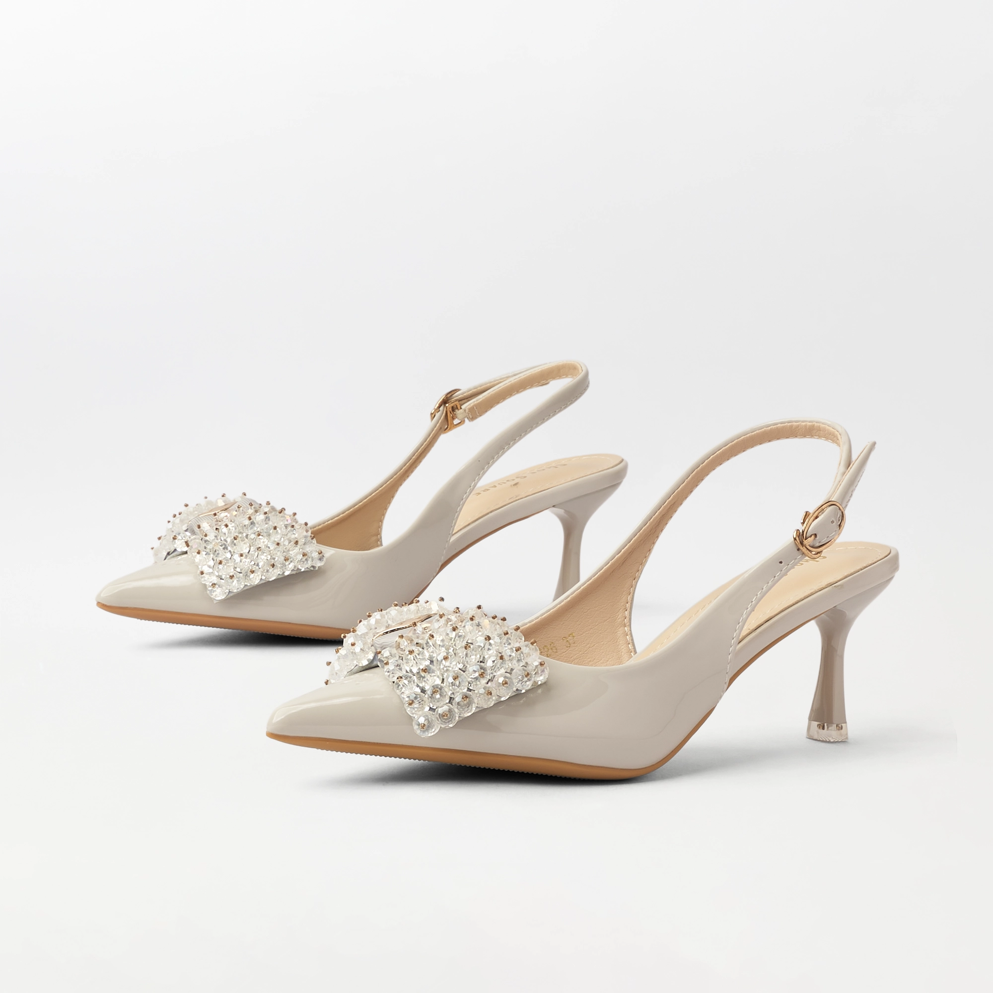 Embellished Bow Slingback Heel Light Grey - (CH328)