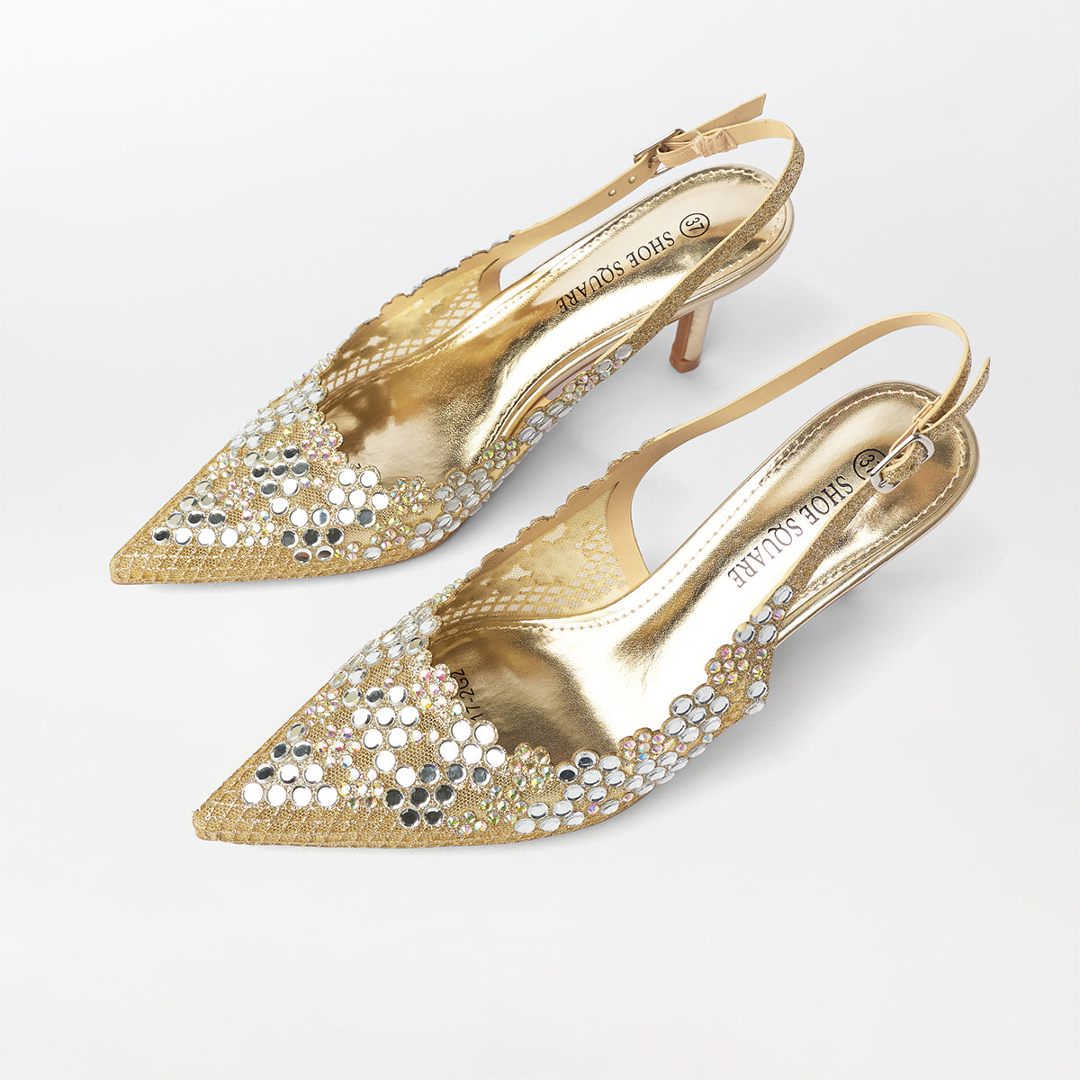 Mirror Embellished Slingback Kitten Heels Gold - (CH272)