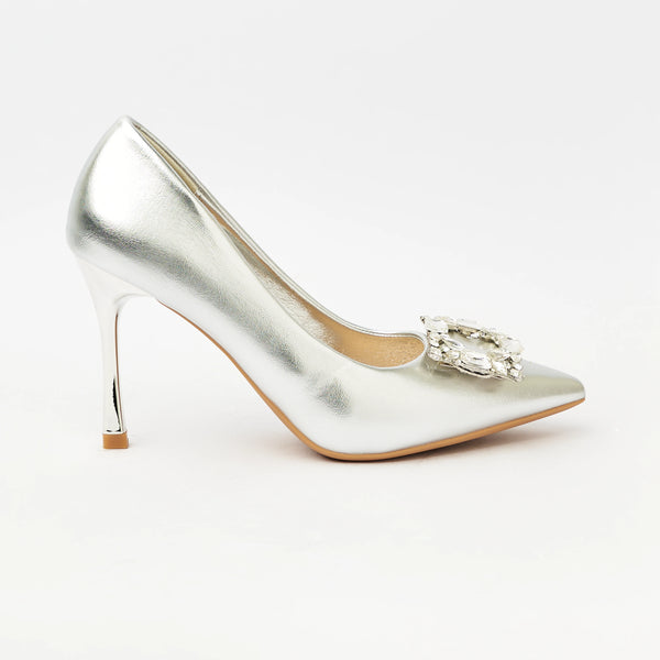 Pointed Toe Stiletto Heels - Court Shoes - Silver (CH83)