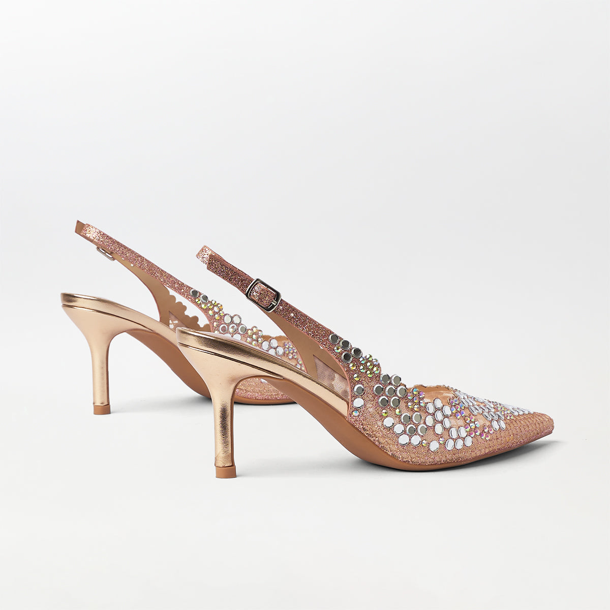 Mirror Embellished Slingback Kitten Heels Champagne - (CH274)