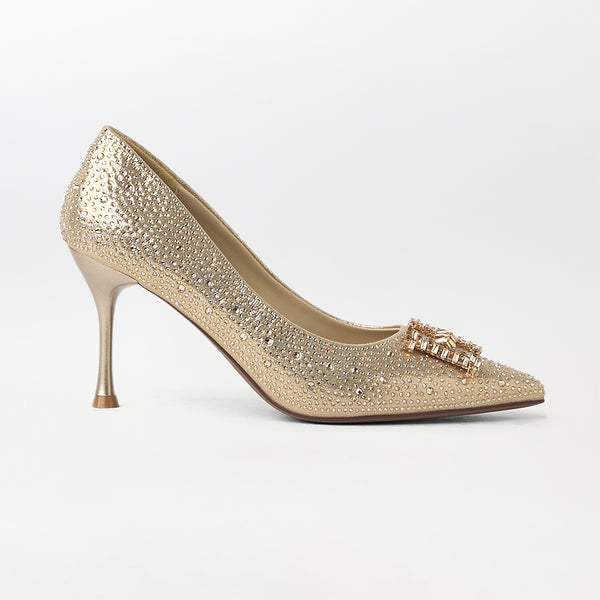 Stones Embellished Court Shoes Gold - (CH230)