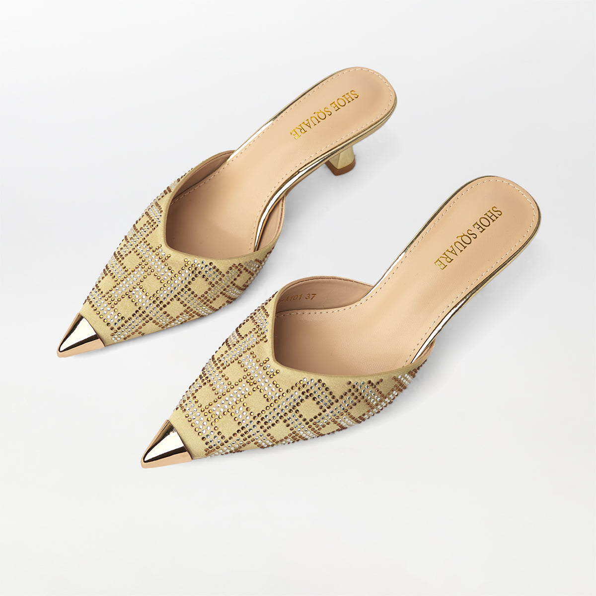 Embellished Kitten Heel Mules Gold - (CH232)