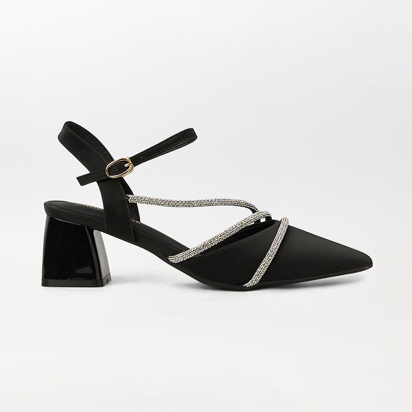 Pointed Toe Block Heel Sandals Black - (CH286)