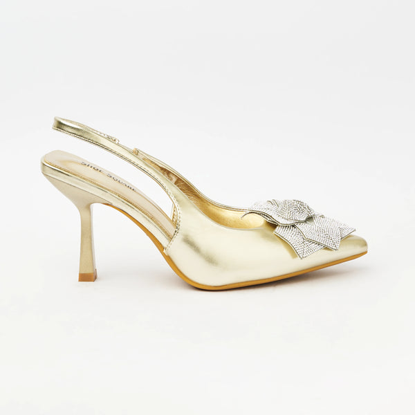 Metallic - Flower Embellished Slingback Heels - Gold (CH76)