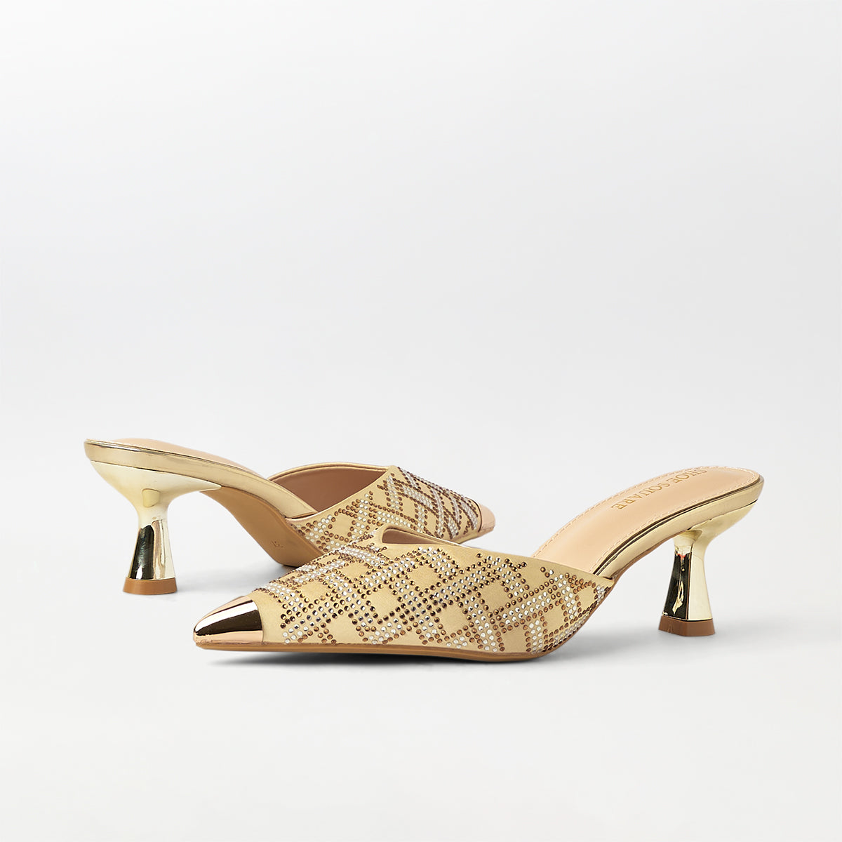 Embellished Kitten Heel Mules Gold - (CH232)