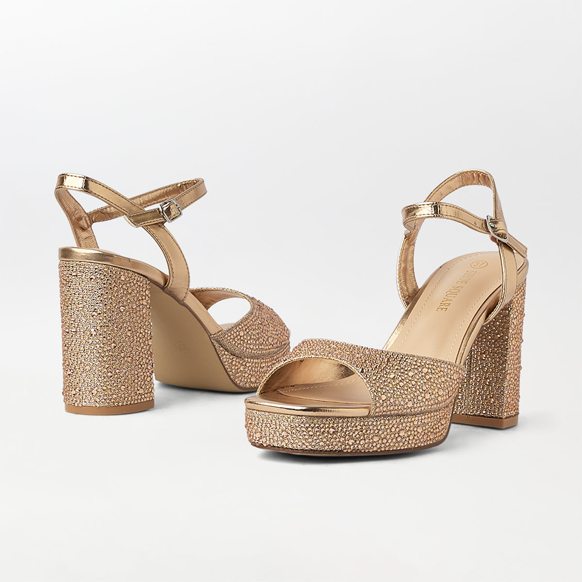 Stones Embellished Block Heel Champagne - (CH262)