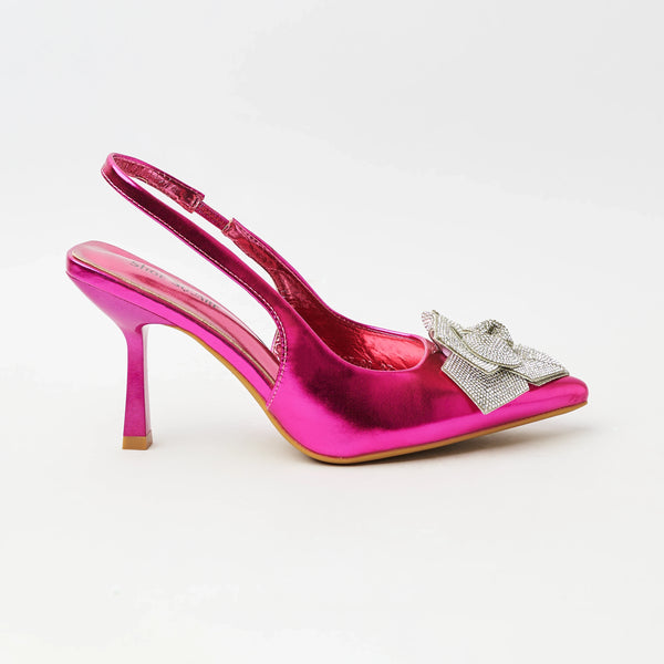 Metallic - Flower Embellished Slingback Heels - Fushia (CH75)