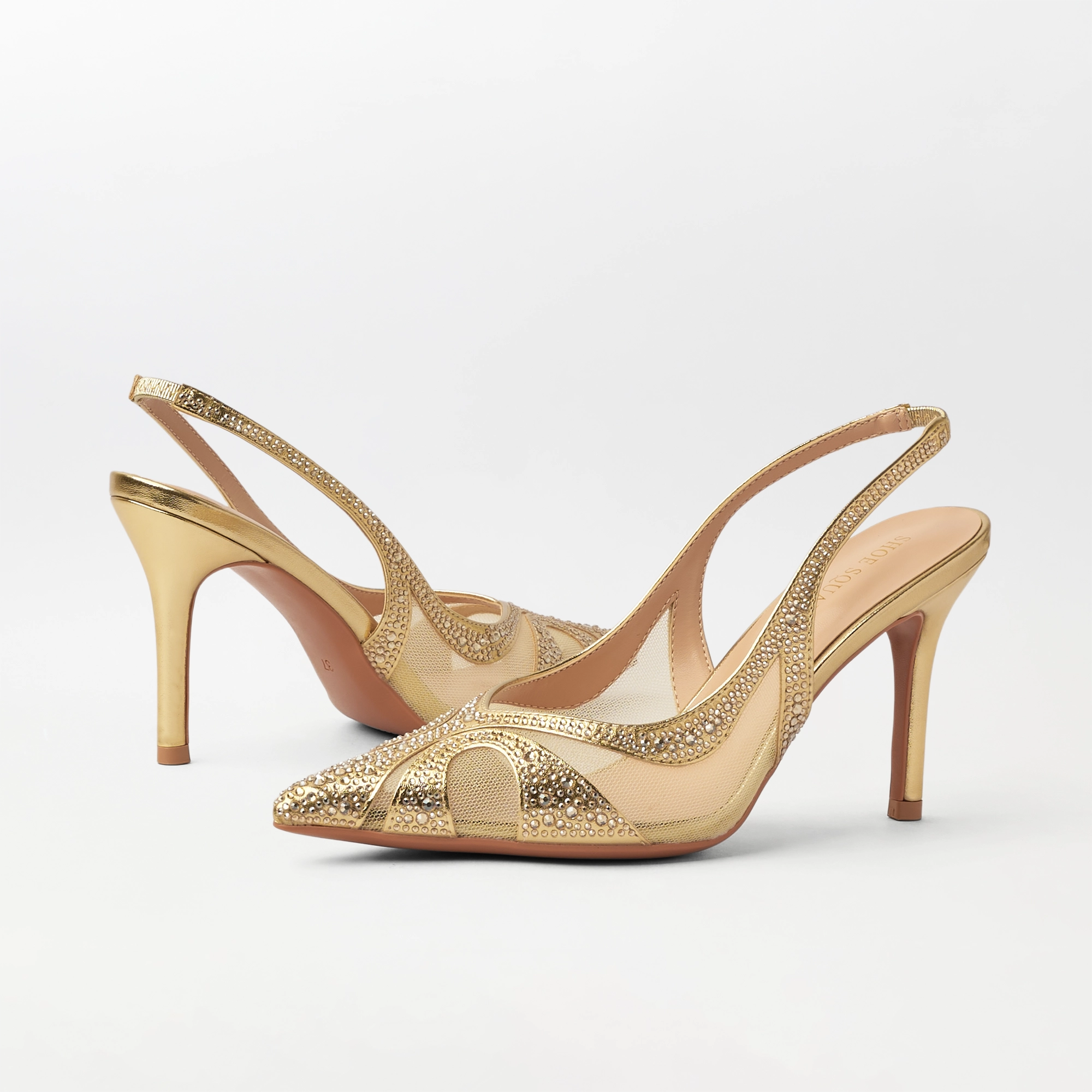 Embellished Mesh Slingback Heel Gold - (CH337)