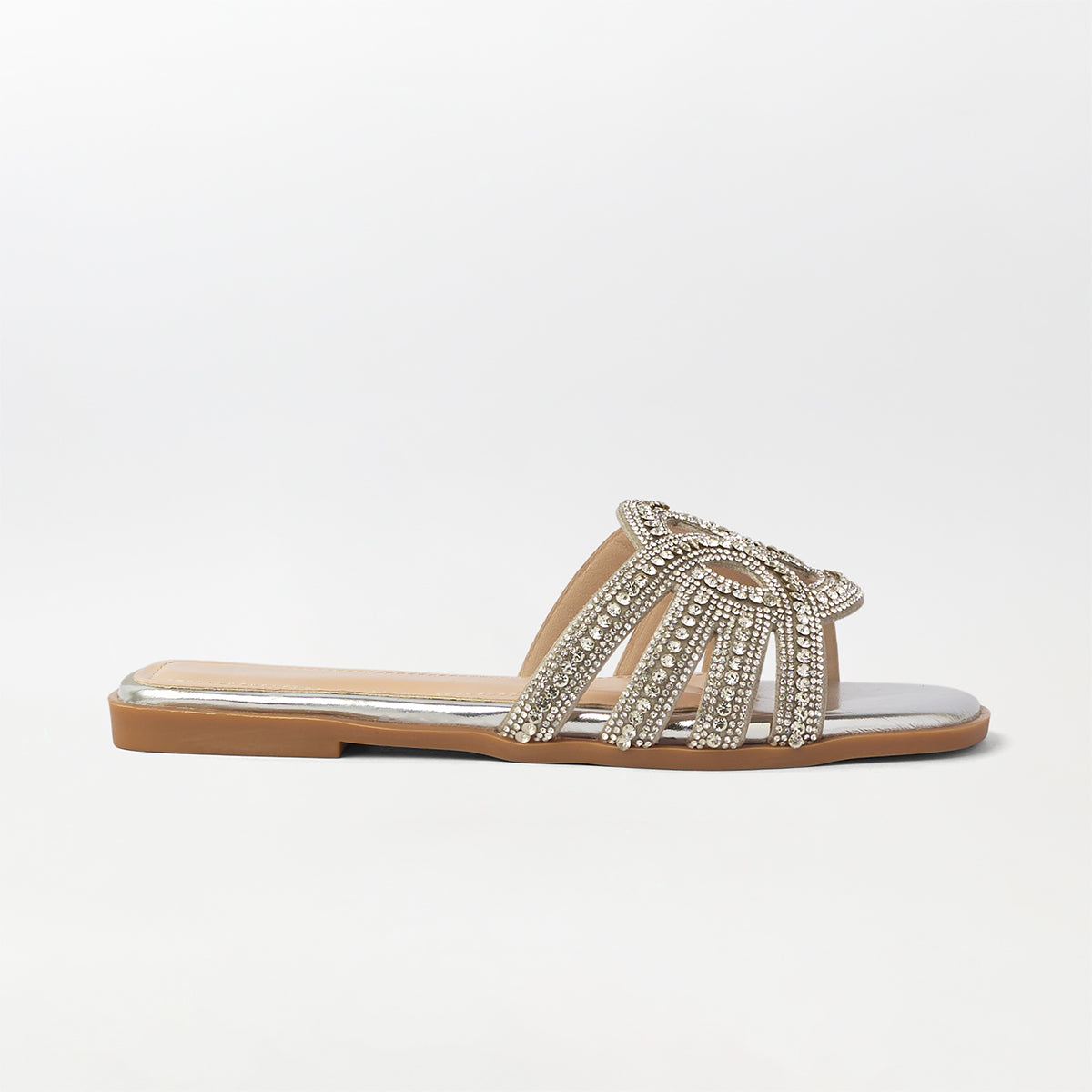 Embellished Cut Work Flat Slippers Silver - (FS93)