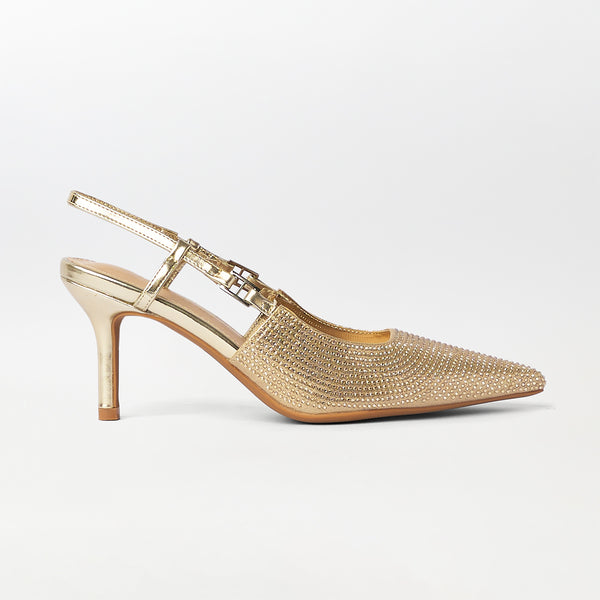 Embellished Slingback Kitten Heels Gold - (CH278)