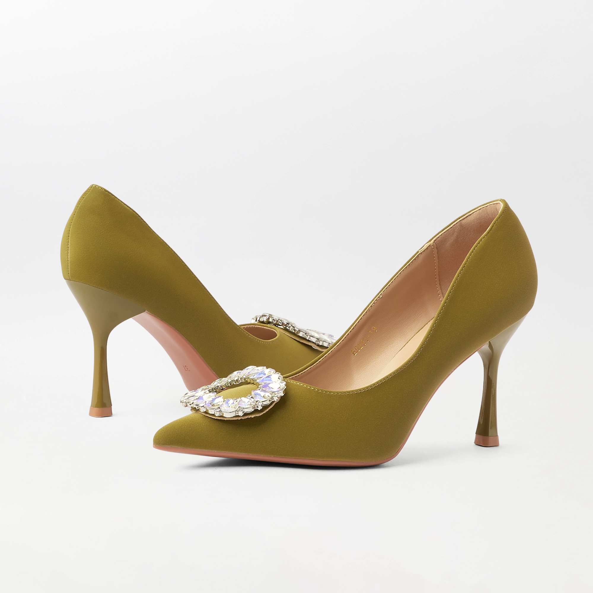 Embellished Court Shoes Heel Olive - (CH330)