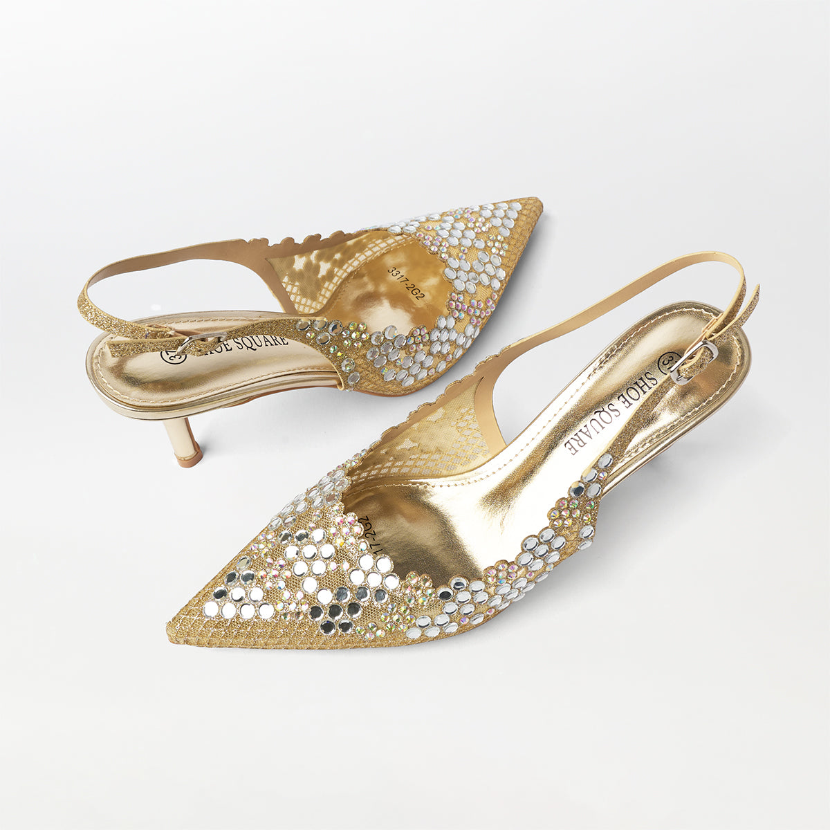 Mirror Embellished Slingback Kitten Heels Gold - (CH272)