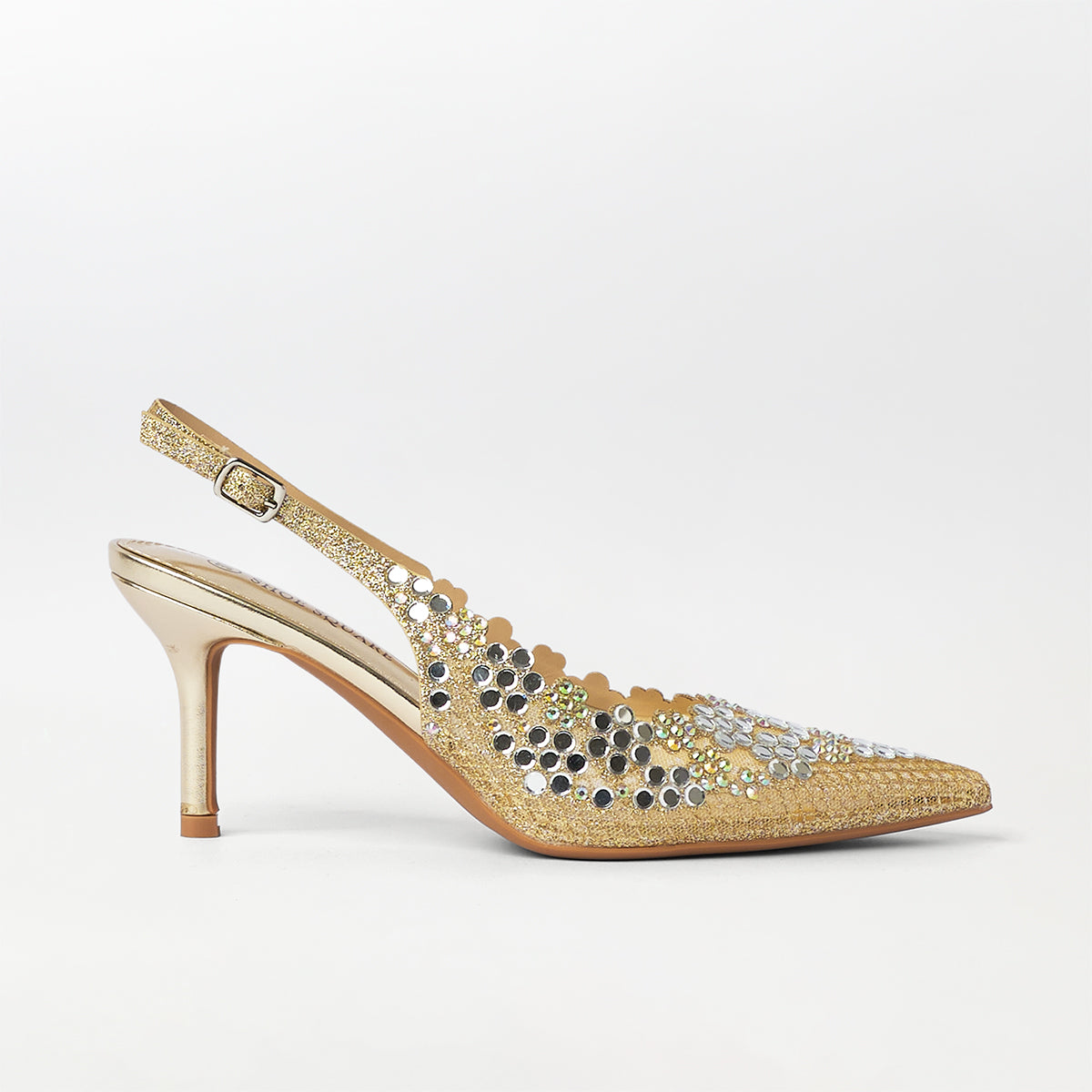 Mirror Embellished Slingback Kitten Heels Gold - (CH272)