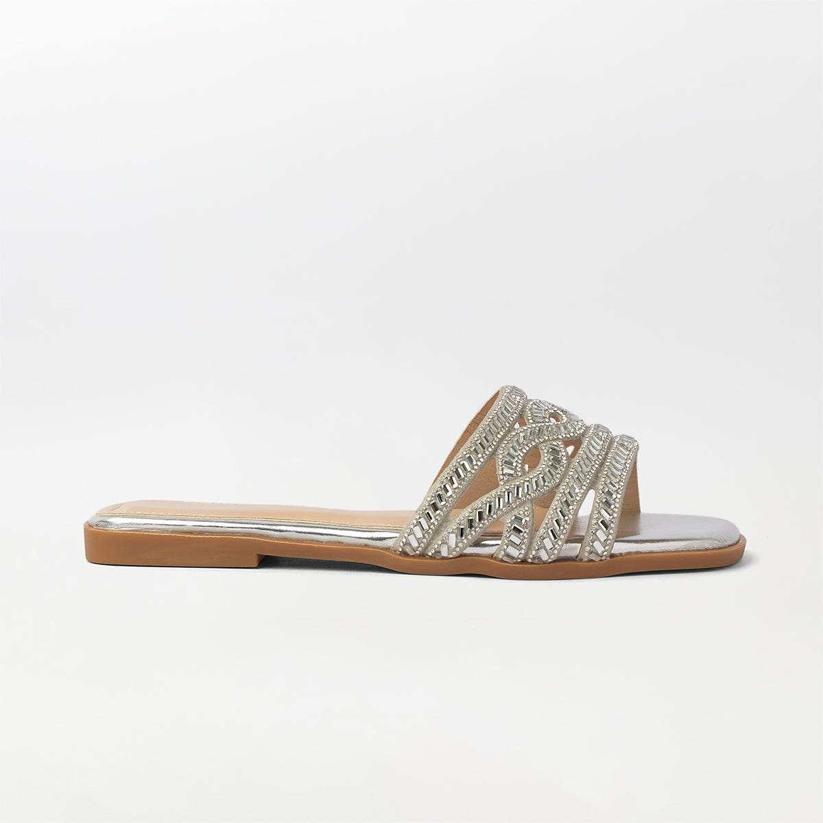 Stones Embellished Flat Slippers Silver - (FS89)