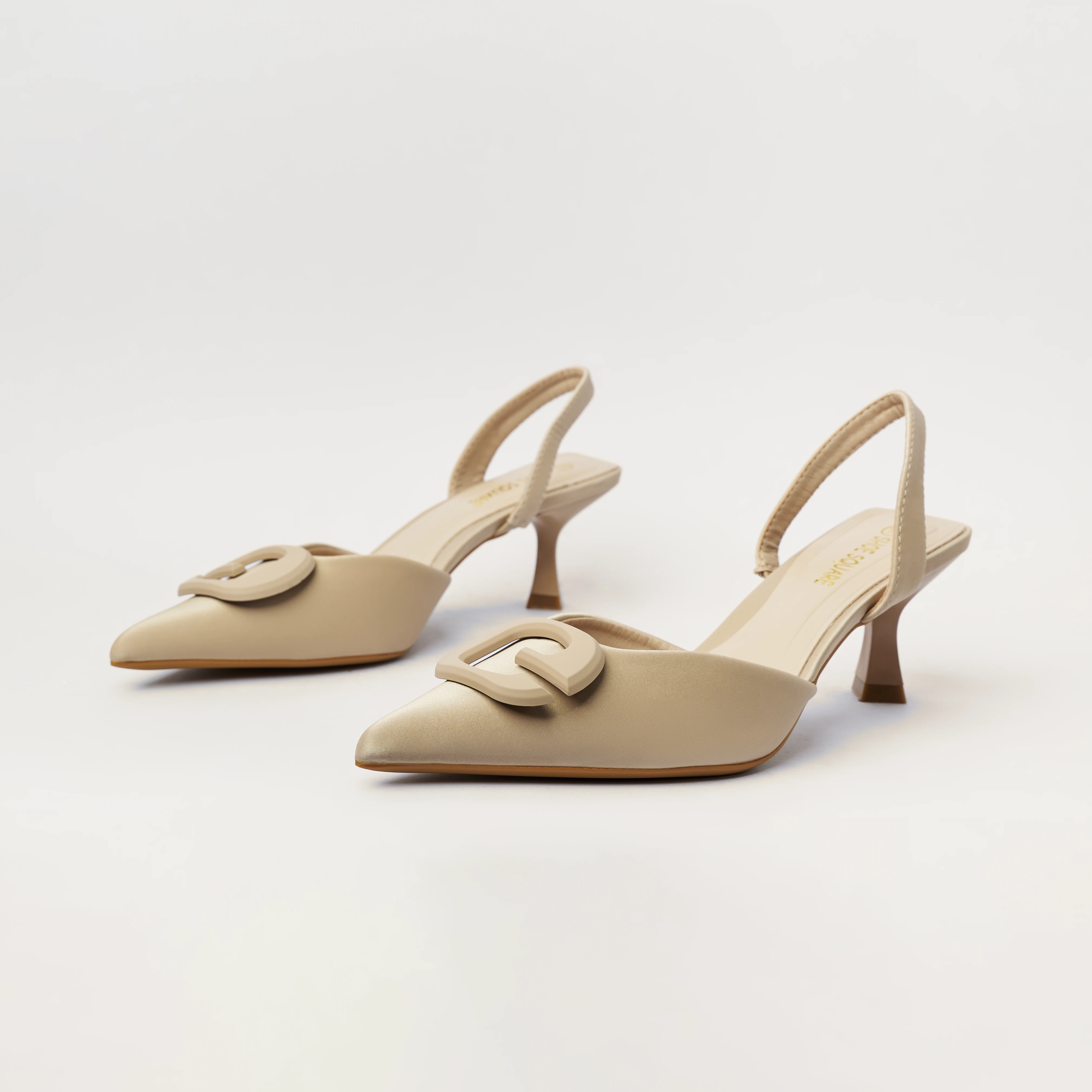 Buckle Embellished Slingback Heels - Beige (CH251)