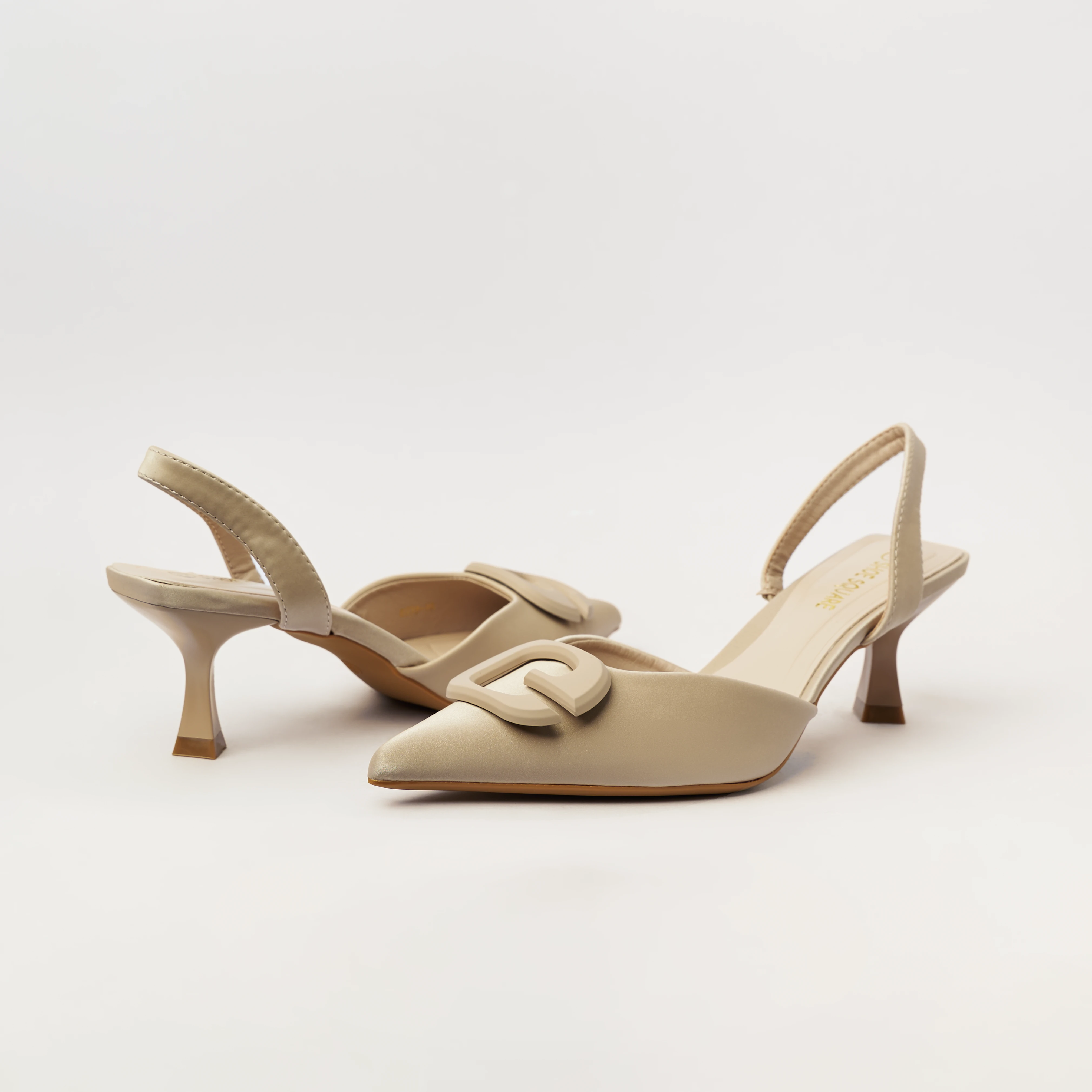 Buckle Embellished Slingback Heels - Beige (CH251)