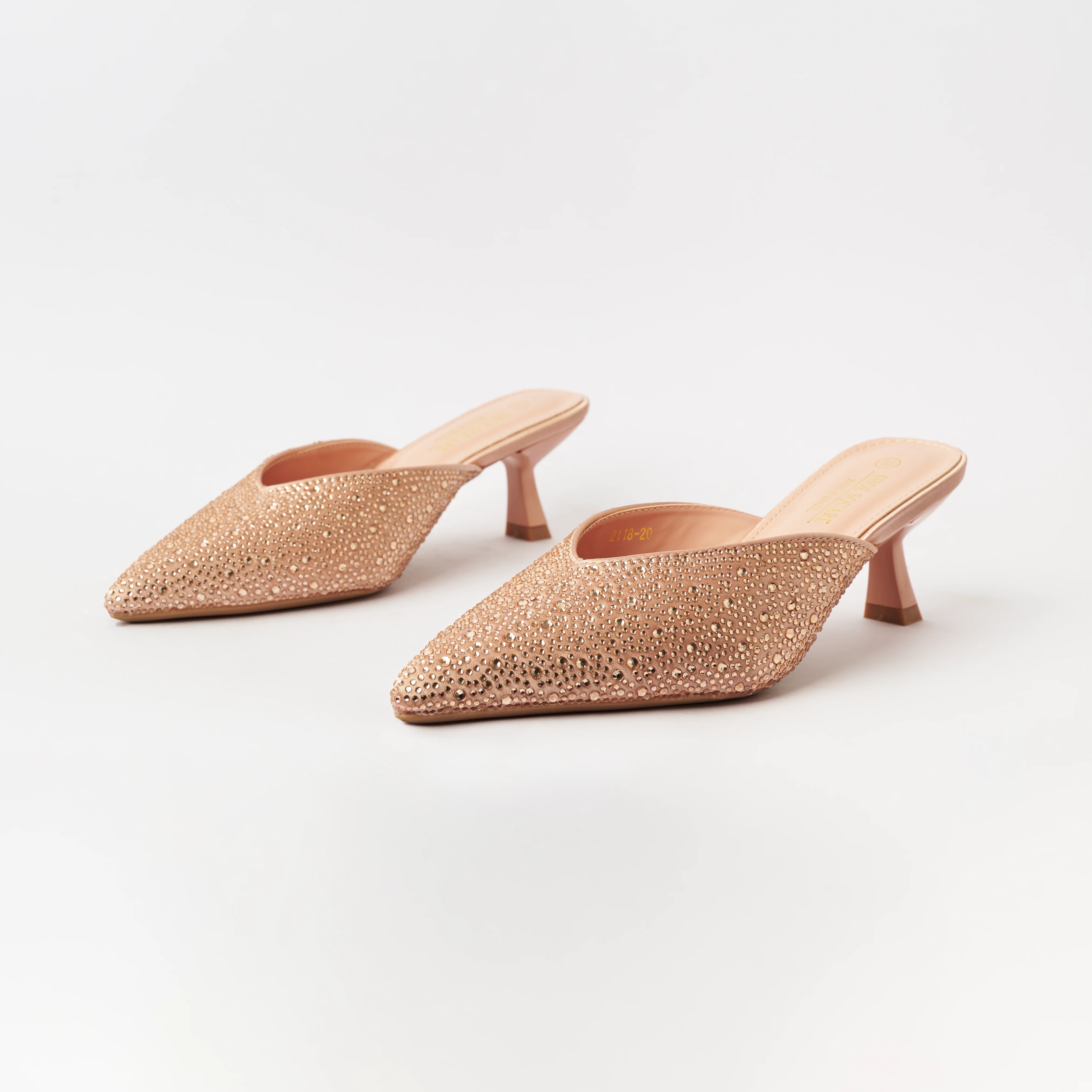 Stone Embellished - Kitten Heel Mules - Peach (CH42)