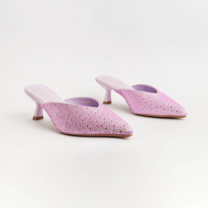 Stone Embellished - Kitten Heel Mules - Purple (CH41)