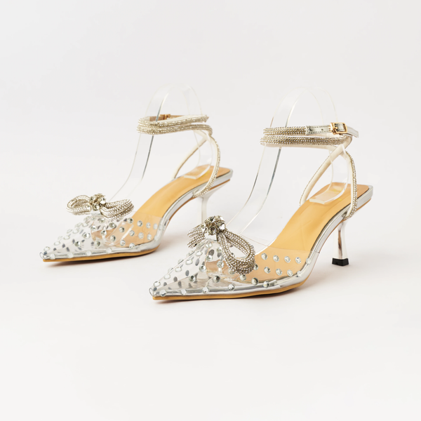 Transparent - Embellished Ankle Strap - Low Heels - Silver (CH53)