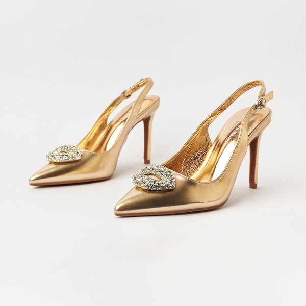 Metallic Pointed Toe - Embellished Slingback High Heels - Gold (CH50)