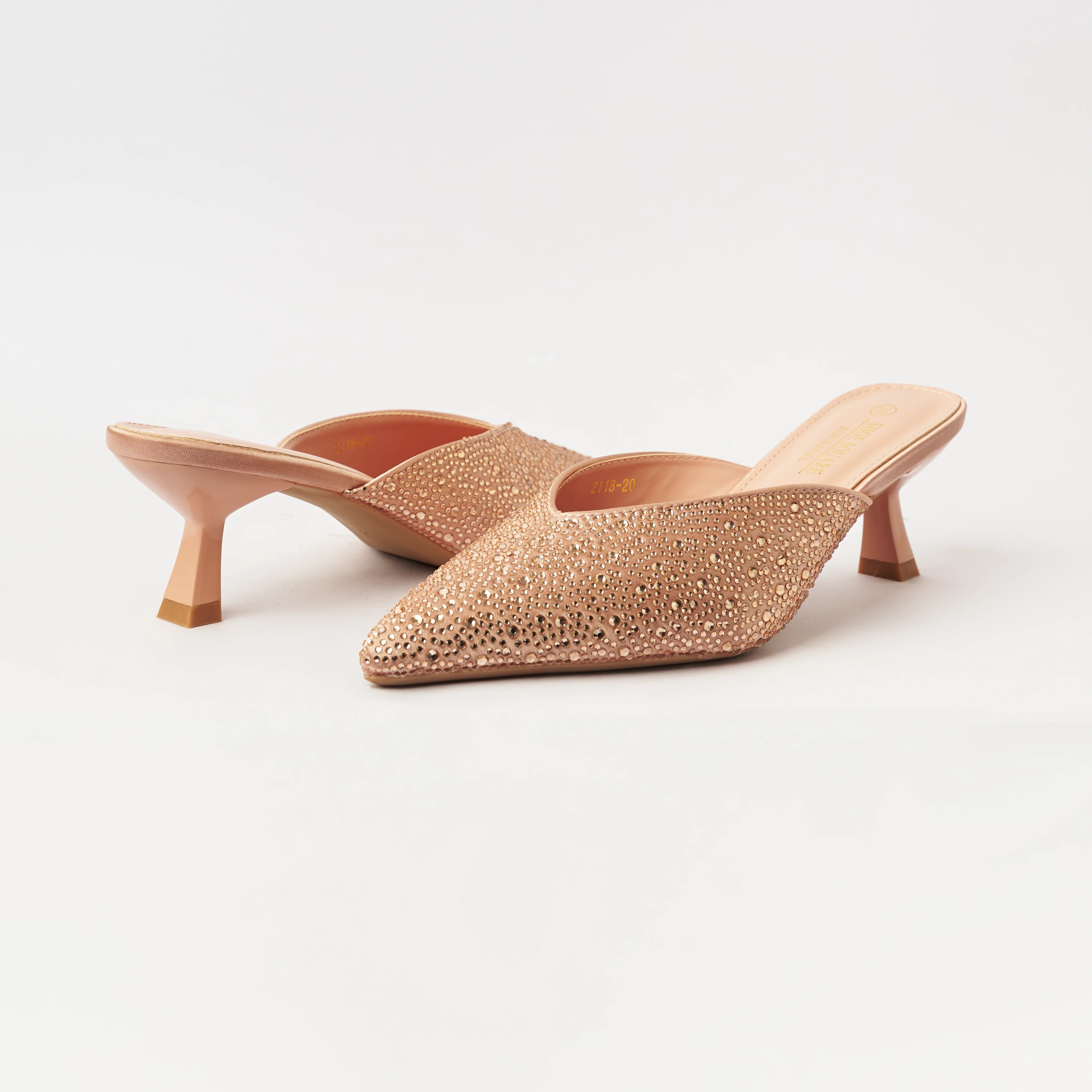 Stone Embellished - Kitten Heel Mules - Peach (CH42)