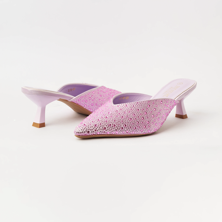 Stone Embellished - Kitten Heel Mules - Purple (CH41)