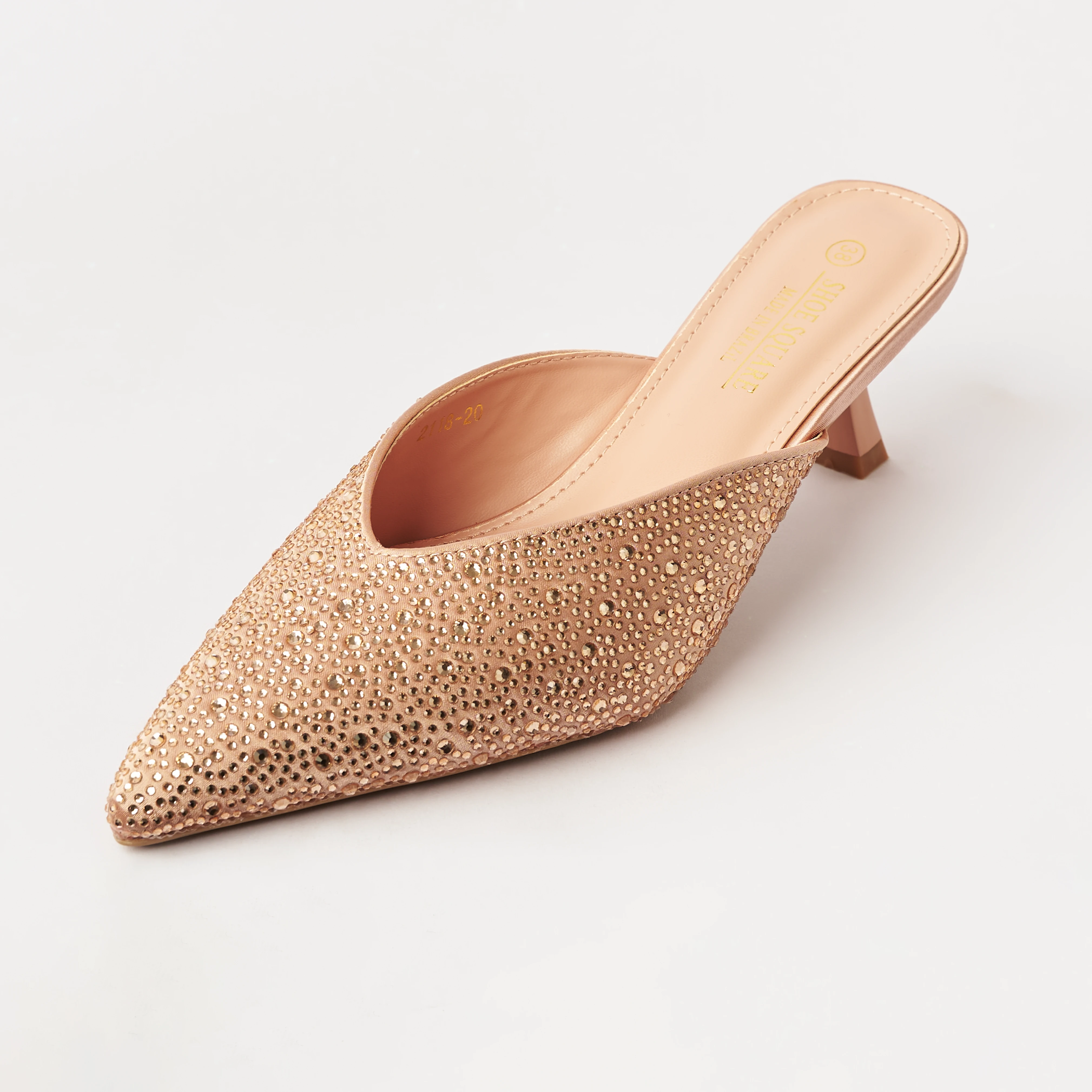 Stone Embellished - Kitten Heel Mules - Peach (CH42)