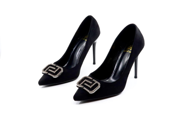 Pointed Toe - Formal Suede Stiletto Pumps - Black (CH55)