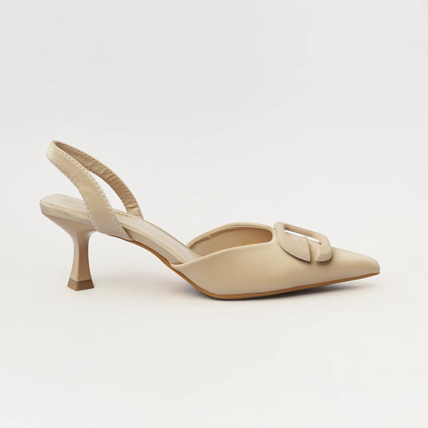 Buckle Embellished Slingback Heels - Beige (CH251)