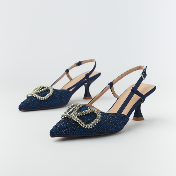 Stones Embellished - Pointed Toe Slingback Kitten Heels - Navy (CH31)